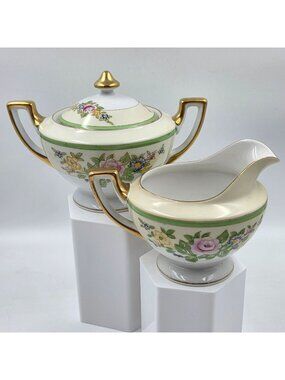 Celebrate 2 Piece Set Creamer and Sugar Bowl with Lid Green & Cream Band Floral